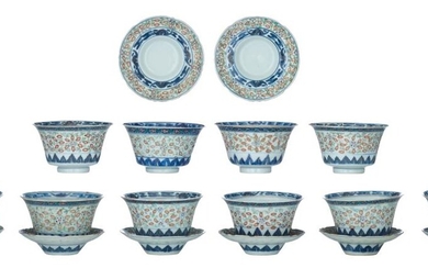 A collection of Chinese doucai 'Rice Grain' tea bowls and saucers, late 19thC, H 6,5 cm - ø 10,5 - 11 cm