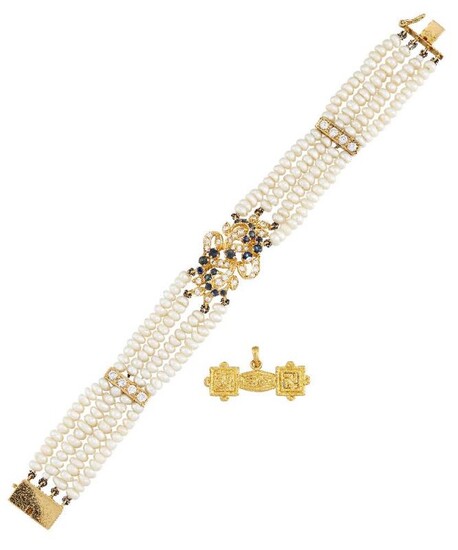 A diamond and sapphire cultured pearl bracelet...