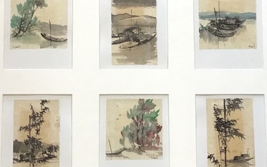A framed set of fine oriental pen & ink watercolours,...