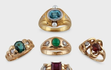 A group of gem-set fourteen karat gold rings
