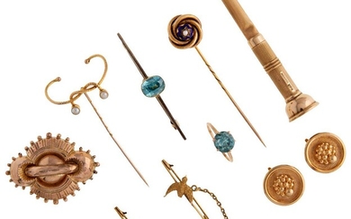 A group of jewellery comprising: three brooches, one set with a blue zircon, a blue zircon ring, ring size M, two stick pins, a cigar piercer, British hallmarks for 9-carat gold, and a pair of circular ear clips, British import for 9-carat gold