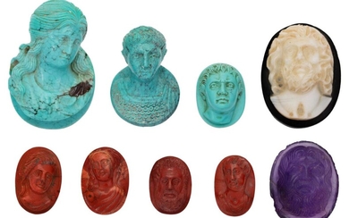 A group of late 19th century gem hardstone and glass cameos, comprising: an amethyst oval cameo carved to depict the head of Zeus, full face; three turquoise cameos, all carved in high relief the largest depicting the head of a Roman princess...