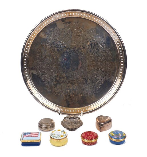 A group of seven silver and enamel pill boxes, to include examples by Halycon Days, together with a silver plated tray, 30cm diameter (8)
