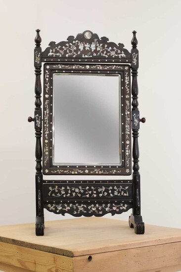 A hardwood and mother-of-pearl inlaid dressing table mirror