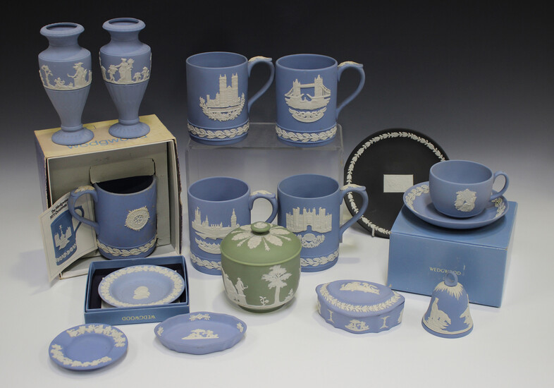 A large mixed group of Wedgwood jasperwares, 20th century, mostly pale blue, including Christmas mug
