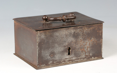 A late 16th/17th century Nuremberg steel casket, the hinged lid with swing handle, width 14.5cm, tog