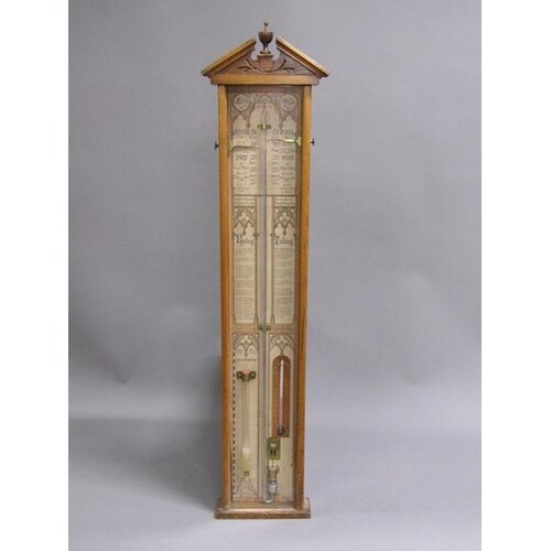 A late 19c Admiral Fitzroy Barometer in oak case with broken...
