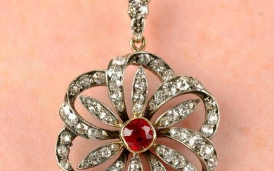 A late Victorian silver and gold, ruby and diamond floral cluster pendant.Ruby calculated weight