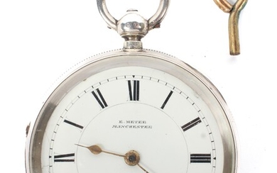 A late Victorian silver cased open faced pocket watch, retailed by E Meyer of Manchester