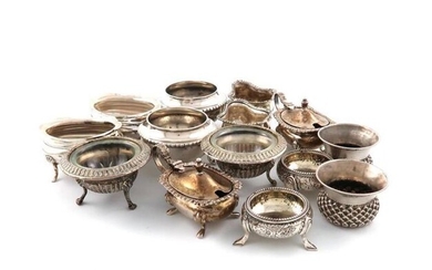 A mixed lot of silver condiments, various dates and makers, comprising: a pair of Victorian thistle salt cellars, Birmingham 1891, a pair of Victorian salt cellars, London 1875, two mustard pots, three pairs of salt cellars, and a pair of continental...