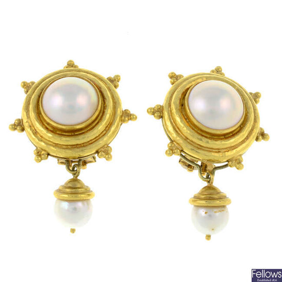 A pair of 14ct gold cultured pearl drop clip-on earrings.