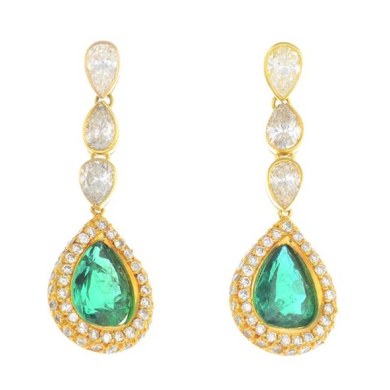 A pair of 18ct gold emerald and diamond earrings. The