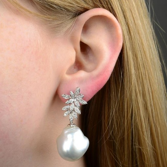 A pair of Baroque cultured pearl and brilliant-cut