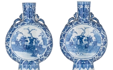 A pair of Chinese blue and white moonflasks,...