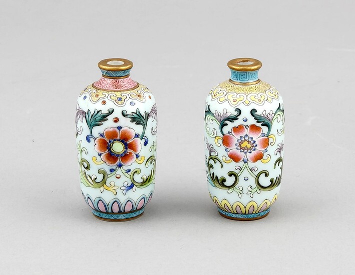 A pair of Chinese miniature vases, 19th/20th c., with apokryphal Qianlong seal mark in iron-red, decor on tourquoise ground with fine tendril relief, the borders minimally miscellaneous, the lip rims enriched in gilt, h. 7.5 cm