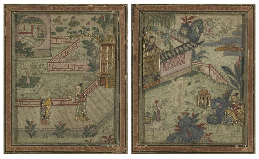 A pair of Chinese silk and soapstone-mounted 'Romance of the Western Chamber' panels, Qianlong period, assembled as two boxes, the covers each depicting a man and woman in a garden dotted with blossoming trees and potted flowers, the sliding covers...