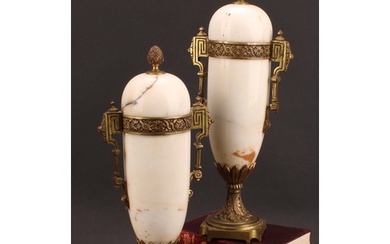 A pair of French gilt metal mounted marble mantel urns, 33cm...