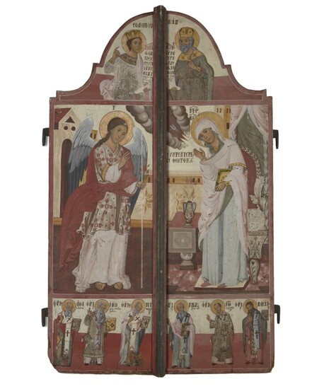 A pair of Greek polychrome decorated doors from an iconostas, early 19 century, the central scene depicting the Annunciation with the Archangel Gabriel and the Mother of God in an architectural setting, the shaped upper sections with Solomon and...