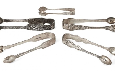 A pair of Irish silver sugar tongs, Dublin, c.1848, John Smyth, repousse decorated with fruiting vines, together with a further three pairs of Victorian silver tongs, two with shell decoration, one with reeded edge, and a smaller pair of George V...