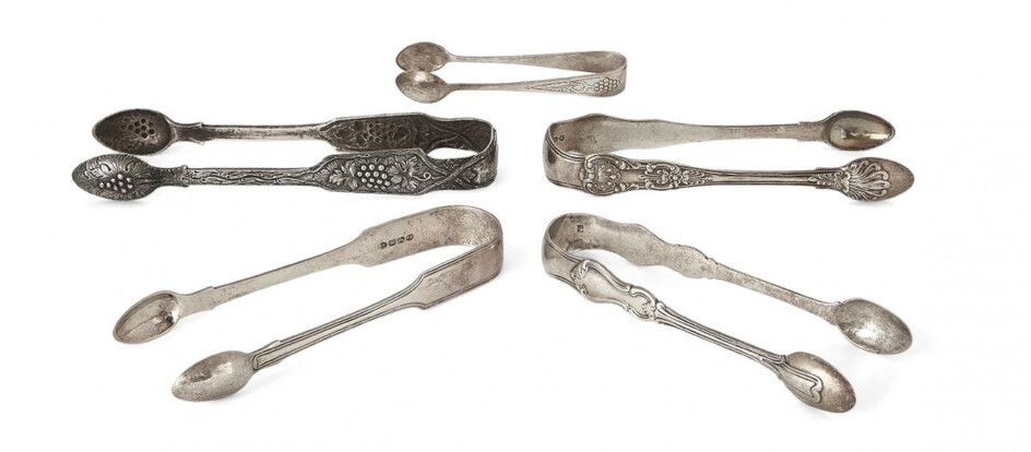 A pair of Irish silver sugar tongs, Dublin, c.1848, John Smyth, repousse decorated with fruiting vines, together with a further three pairs of Victorian silver tongs, two with shell decoration, one with reeded edge, and a smaller pair of George V...