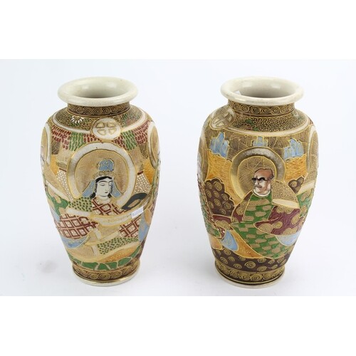 A pair of Japanese Kyoto ware vases, decorated with immortal...