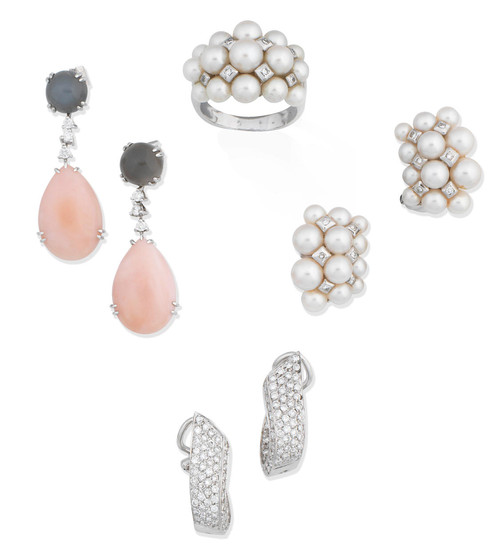 A pair of diamond earhoops, a pair of gem-set pendent earrings and a cultured pearl and diamond ring and earring suite