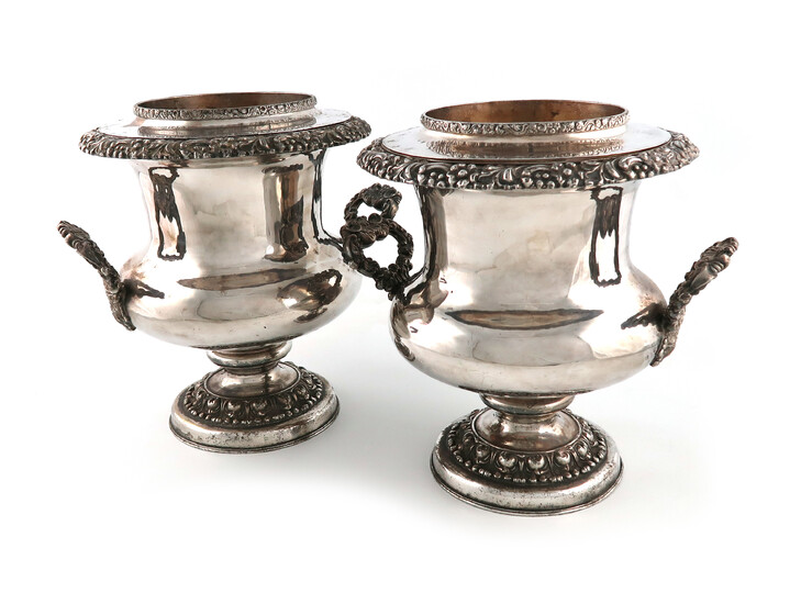 A pair of early 19th century old Sheffield plated two-handled wine coolers