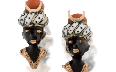 A pair of enamel and coral ear studs, each modelled as a North African head with coral and enamel turban, post and screw fittings, approx. length 1.5cm