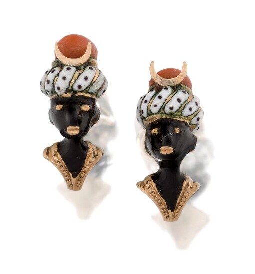 A pair of enamel and coral ear studs, each modelled as a North African head with coral and enamel turban, post and screw fittings, approx. length 1.5cm