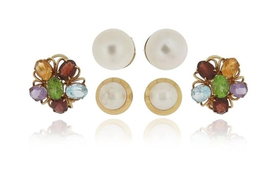 A pair of gem-set gold cluster earrings, and...