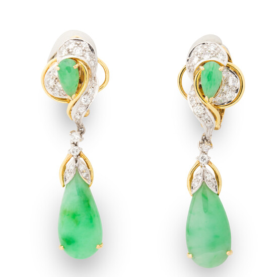 A pair of jadeite A jade, diamond and eighteen karat gold earclips