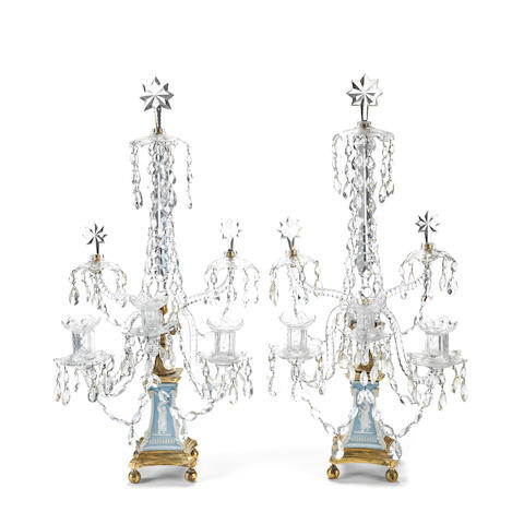 A pair of late 19th century gilt bronze mounted Wedgwood jasperware and cut glass three light candelabra in the George III style, the models in the manner of Parker & Perry