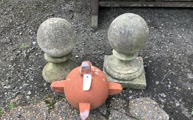 A pair of reconstituted stone ball finials, height 36cm toge...