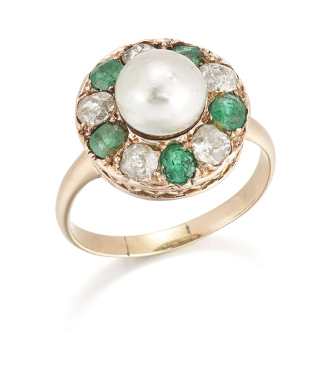 A pearl, emerald and diamond ring, of cluster design, the...