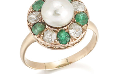 A pearl, emerald and diamond ring, of cluster design, the...