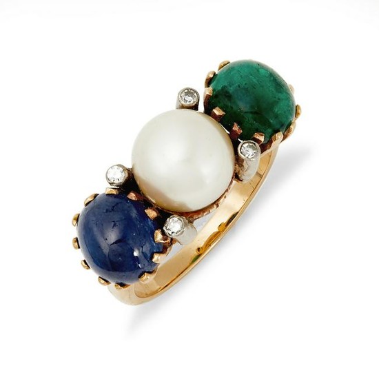 A pearl, sapphire, emerald & diamond three stone ring.