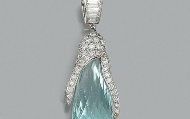 A platinum and 18K white gold pendant set with a briolette aquamarine. Circa 1960. French assay mark The aquamarine represents a f...