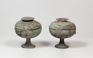 A rare pair of archaic bronze round vessels and covers, dou Warring States period - Han dynasty | 戰國時代至漢 青銅蓋豆一對