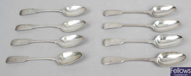 A selection of various George III to Victorian silver teaspoons, including many 19th century Fiddle pattern examples. (40)