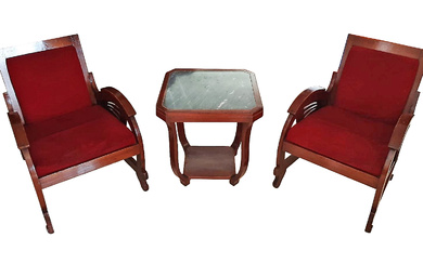 A set of Art Deco living room furniture: consisting of two teak arm chairs and a table circa 1940's - 1950's