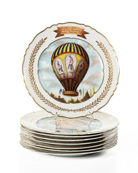 A set of French hot-air balloon porcelain plates