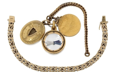 A small group of jewellery comprising: a flexible fancy link bracelet, stamped 585, approx. length 17.5cm; an 18ct gold mounted compass; a Victorian oval locket; and a 1787 pendant mounted Spade Guinea (a lot)