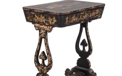 A table for needlework, covered with black lacquer and gold...