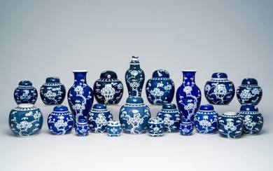 A varied collection of Chinese blue and white prunus on cracked ice ground porcelain, 19th/20th C.
