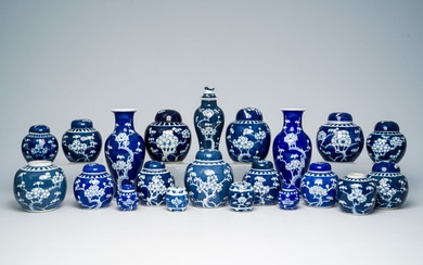 A varied collection of Chinese blue and white prunus on cracked ice ground porcelain, 19th/20th...
