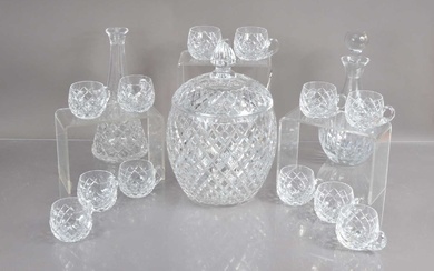 A very good lead crystal cut glass punch bowl and cover with twelve matching cups