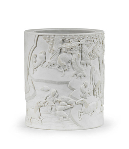 A very rare carved biscuit porcelain 'Eight Horses of Muwang' brushpot, bitong