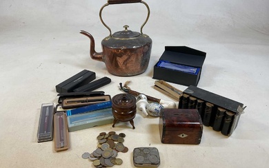 A wooden money box, a stationery desk organiser, a coin...