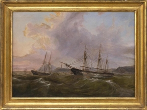 AMERICAN OR ENGLISH SCHOOL, Circa 1860, Ships under sunset skies., Oil on canvas, 24" x 34". Framed 29" x 40".