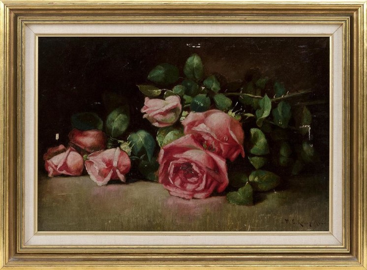 AMERICAN SCHOOL, 20th Century, Still life of pink roses., Oil on canvas, 12" x 18". Framed 16" x 22".